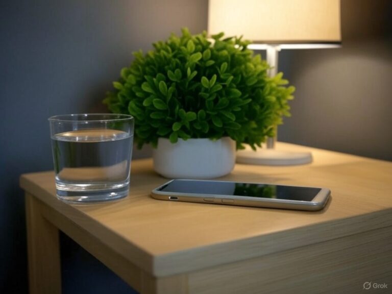 Preparing for Your Sauna Blanket Session bedside table with phone, plant and glass of water