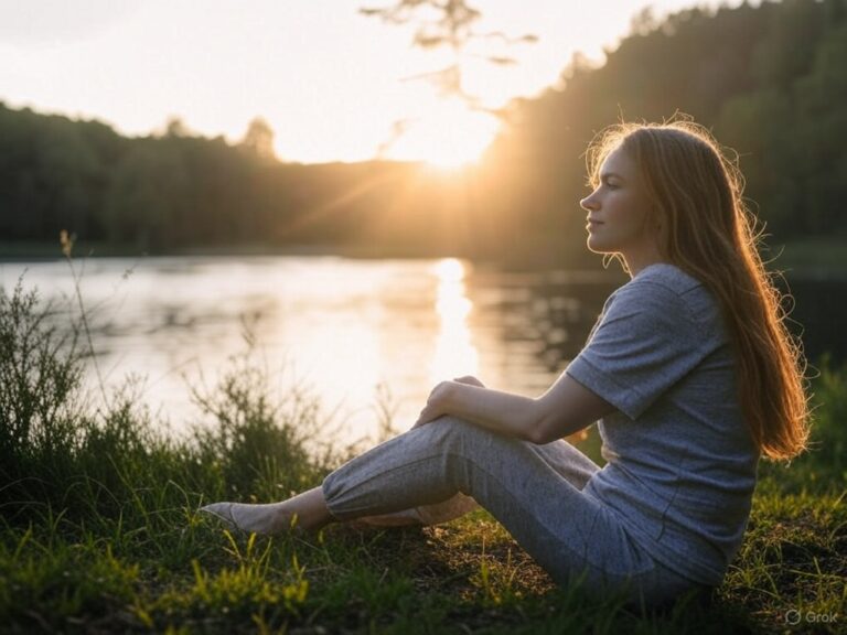 Can Sauna Blankets Help with Stress Relief? woman sitting at a lake in grass