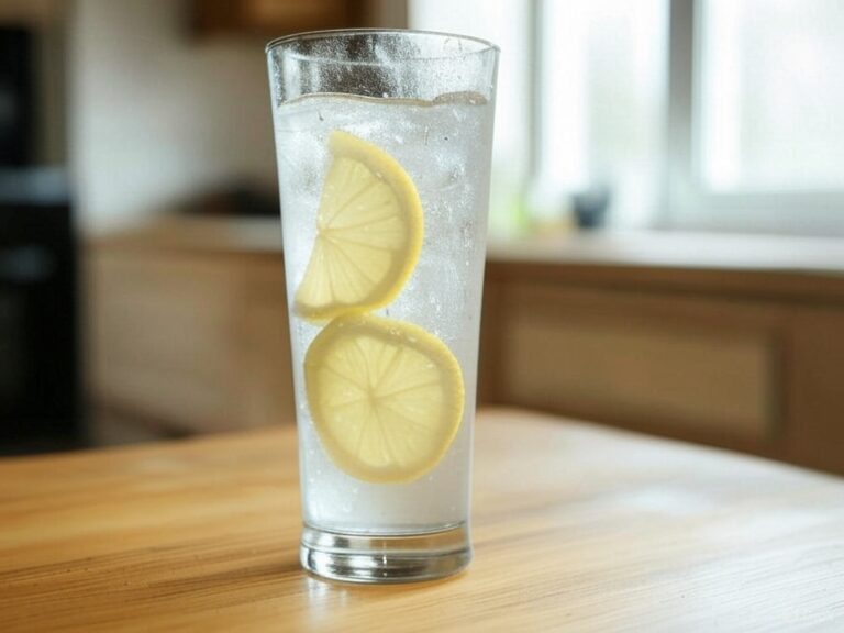 Best Drinks to Hydrate After a Sauna Blanket Session; glass of water with ice and lemon